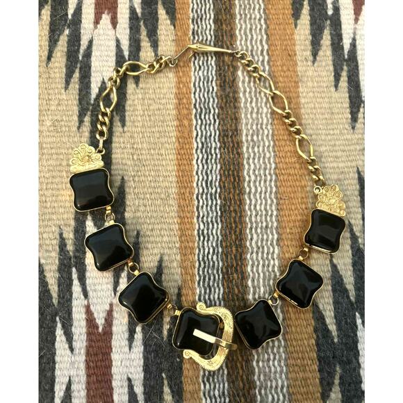 Vintage 80s Gold & Black Belt Buckle Choker Necklace Statement Adjustable Runway - Picture 2 of 5
